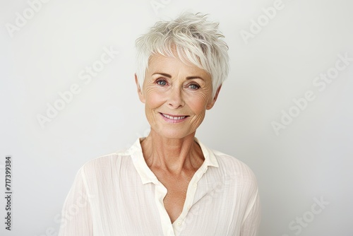 Portrait of a happy senior woman smiling at the camera against a white background