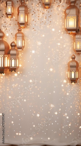 Lightened lantern over glitter bokeh background. Ramadan kareem and eid mubarak holiday celebration concept