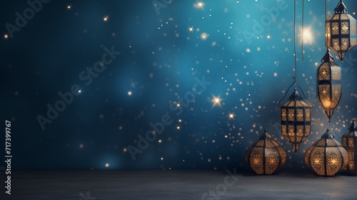 Lightened lantern over glitter bokeh background. Ramadan kareem and eid mubarak holiday celebration concept
