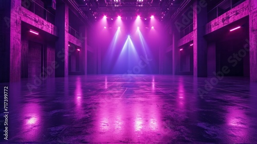 Empty stage with striking purple lighting awaits an evening of performances in a modern setting. Dramatic spotlight and ambient lights casting vibrant hues photo