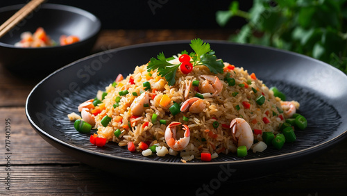 picture of the crab fried rice plated on a pristine white dish, resting elegantly on a dark wooden table