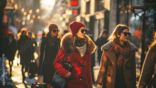 female shoppers walk down the street after Christmas shopping, candid celebrity shots, crimson, wealthy portraiture, joyful and optimistic