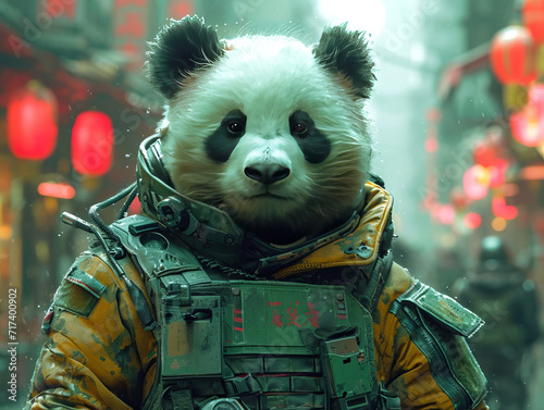 Military cyber panda wearing an orange uniform