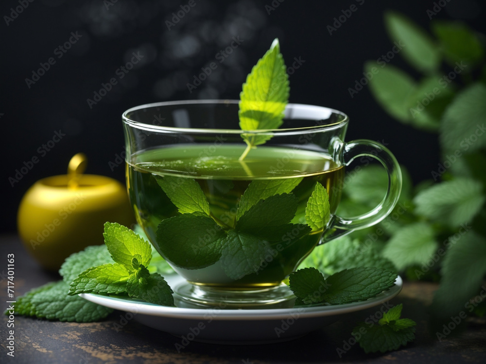 A cup of tea with an of mint green A cup of tea with an of mint green