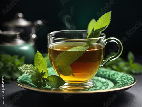 A cup of tea with an of mint green