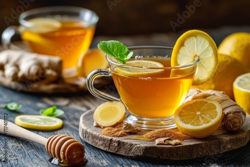 Cozy tea with lemon and honey on a wooden tray