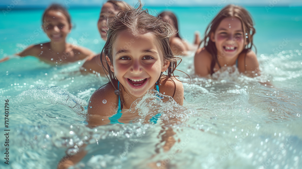 Beach day fun, young kids splashing around in the shallow waters of a clear ocean shore.