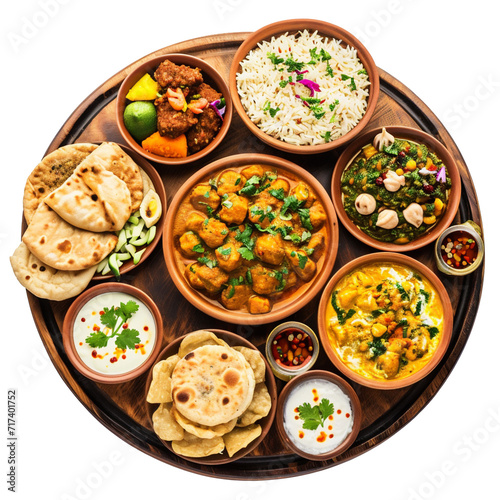 a collection of Indian food, ready to be served, photographed from above
