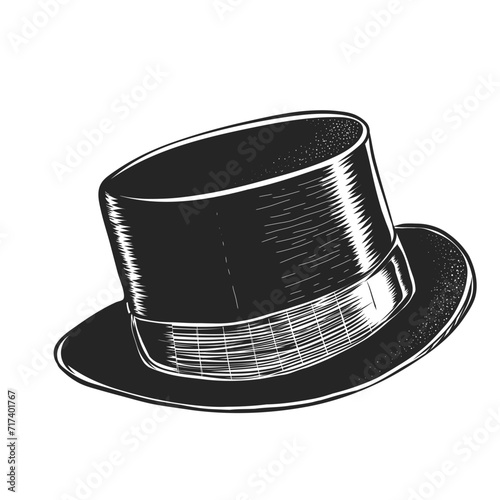 Black outline cylinder hat. Sketch and engraved style. Vector illustration isolated on white background.