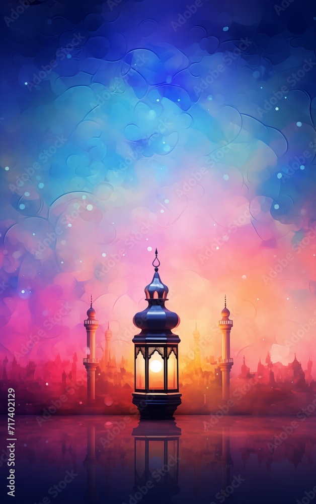 Fototapeta premium Ramadan kareem and eid fitr islamic concept lantern mosque oil painting background illustration in colorful aesthetic pastel color for wallpaper, greeting card and flyer.