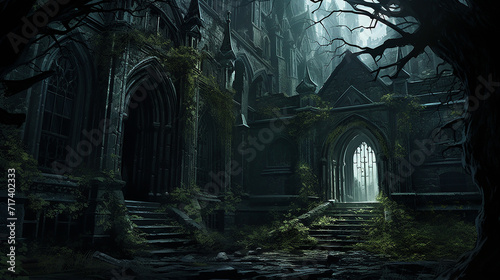 haunting illustration of an abandoned gothic mansion with dark windows and a ghostly aura.
