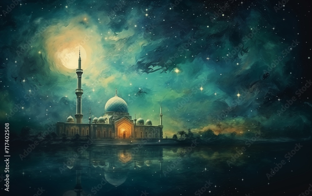 Obraz premium Ramadan kareem and eid fitr islamic concept mosque oil painting background illustration in aesthetic dark green color for wallpaper, greeting card and flyer.