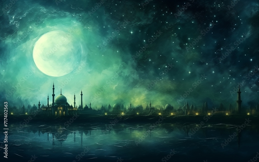Ramadan kareem and eid fitr islamic concept mosque oil painting background illustration in aesthetic dark green color for wallpaper, greeting card and flyer.
