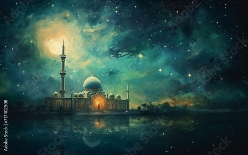 Ramadan kareem and eid fitr islamic concept mosque oil painting background illustration in aesthetic dark green color for wallpaper, greeting card and flyer. © Surf Ink