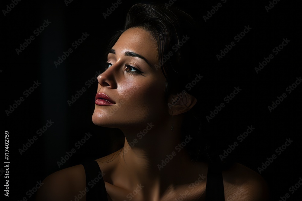 Beautiful young brunette woman in black dress on a black background Beautiful young brunette woman in black dress on a black background