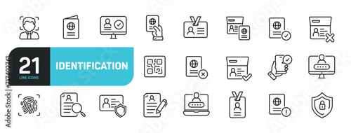 Set of line icons related to identification, verification, passport, identity. Outline icons collection. Editable stroke. Vector illustration. photo
