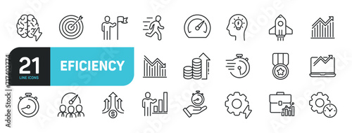 Set of line icons related to efficiency, effective, optimization, progress. Outline icons collection. Editable stroke. Vector illustration.