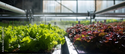 Hydroponically grown salad in a house with plastic covering and steel rails; vegetables in various colors. photo