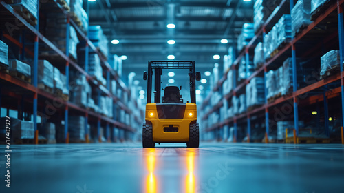 Yellow forklift inside a warehouse.