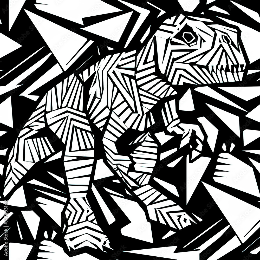 Origami dinosaur cartoon repeat pattern monochrome