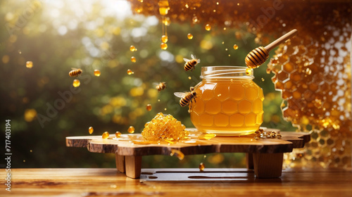 A wooden table with a jar of honey jar of honey and bee photo