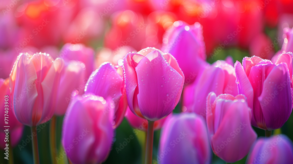 Fototapeta premium 朝露をつけた鮮やかな色のチューリップ