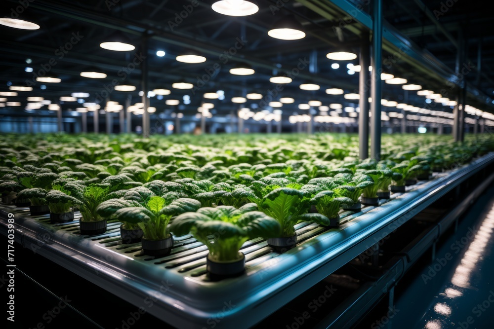 High-yield hydroponic lettuce farm with LED grow lights, Generative AI High-yield hydroponic lettuce farm with LED grow lights, Generative AI