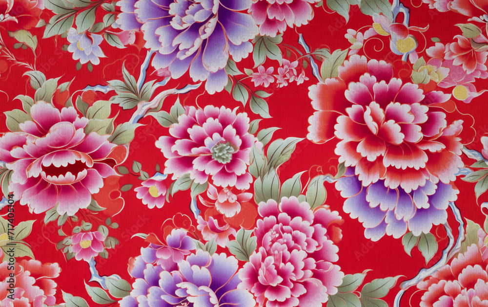 Floral fabric. Red Chinese flower pattern.