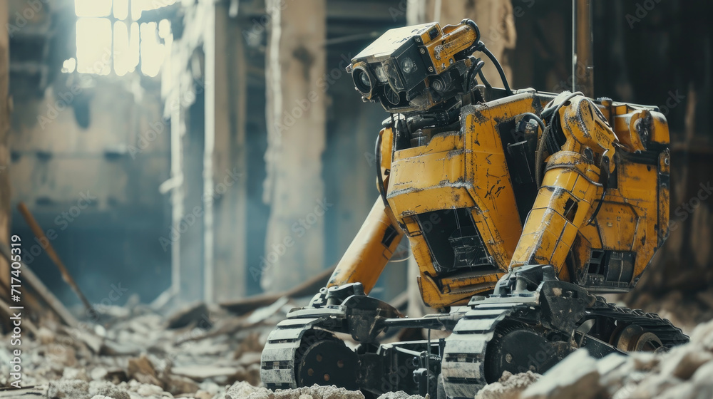 Unmanned remote-controlled search and rescue survivors robot amidst a wreckage of resident building devastated by an earthquake disaster or war. Technology for search and rescue people idea concept.	 - obrazy, fototapety, plakaty 