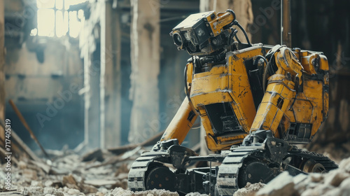 Unmanned remote-controlled search and rescue survivors robot amidst a wreckage of resident building devastated by an earthquake disaster or war. Technology for search and rescue people idea concept.	 photo