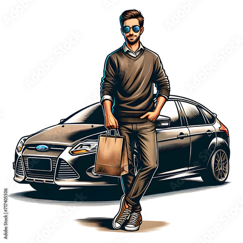 Gig Delivery Driver Man Delivering Package to Customer with Car in Background Illustration photo