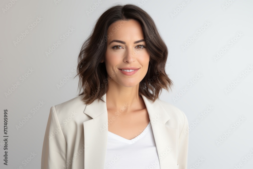Portrait of a smiling businesswoman in white jacket on grey background