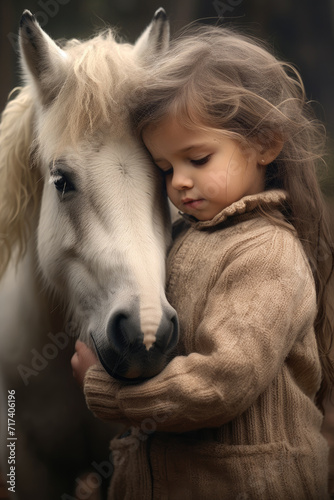 Little cute girl tenderly embraces a light pony.