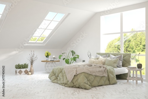 Fototapeta Naklejka Na Ścianę i Meble -  White bedroom interior design with summer landscape in window. Scandinavian interior design. 3D illustration