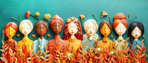 A diverse group of females portrayed with flowers in a paper cut-out style. International Women's Day. AI generated photo