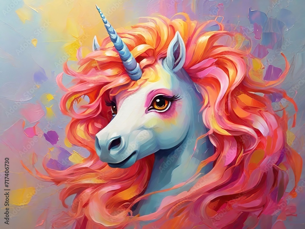 The head of a white unicorn with a white twisted horn and a magnificent pink mane in the style of watercolor painting, close-up