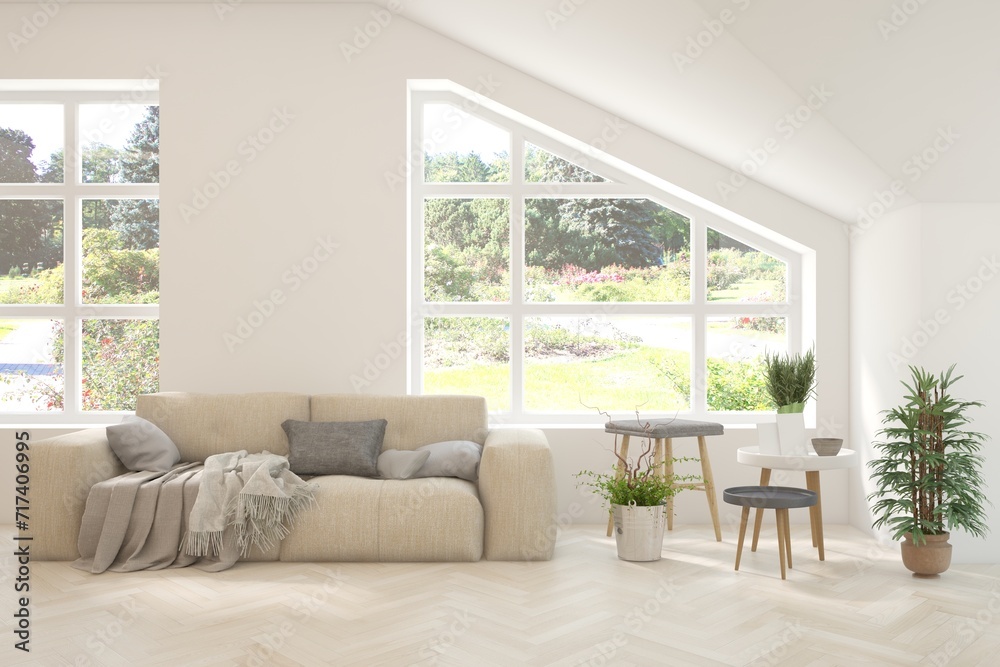 Bright interior design with modern furniture and summer landscape in window. 3D illustration Bright interior design with modern furniture and summer landscape in window. 3D illustration