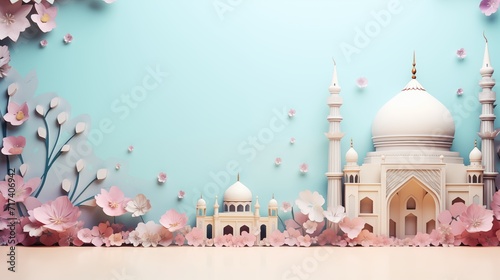 Fotografie, Tablou mosque and blossom flowers in paper cutting style 3D illustration