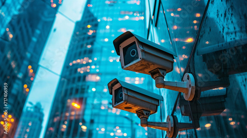Urban safety fortified with high-tech surveillance technology. Building exterior monitoring guarantees a secure environment through vigilant surveillance. photo