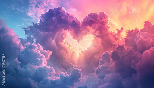 A captivating sunset scene with heart-shaped clouds in the sky, creating a picturesque love background. Valentine's Day. Generated AI photo