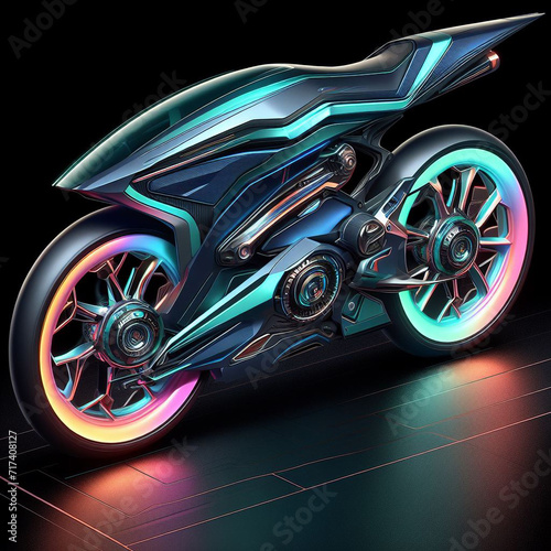 A Neon lights style futuristic motorcycle is shown on a black background