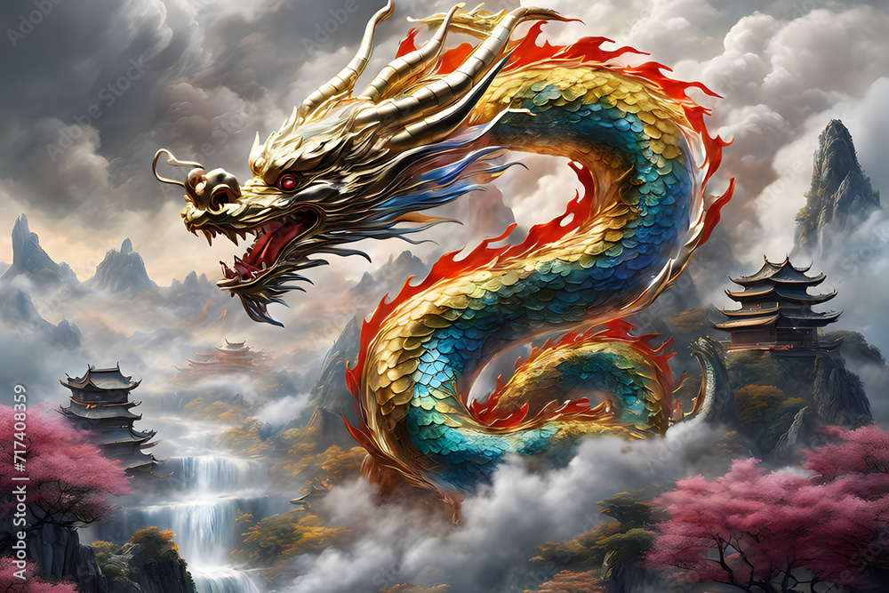 Luxurious Full Scale Multi Chinese Fury Dragon on Clouds roaming ...