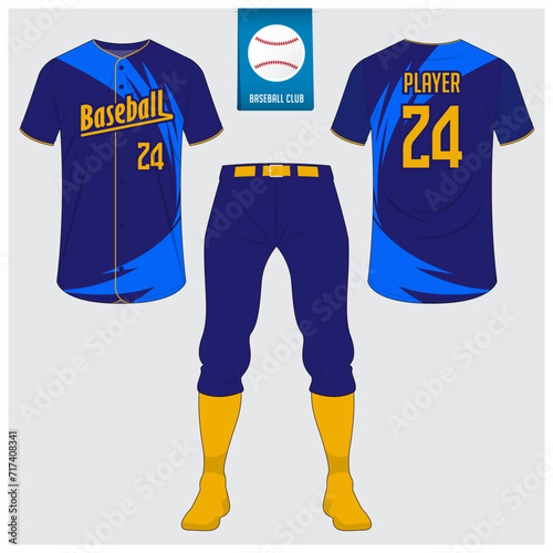 Baseball uniform or baseball jersey mock up. Sportswear, t-shirt sport, short, sock template. Front and back view baseball kit. Flat baseball logo on blue label. 