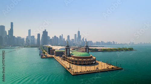 Aerial view of Navy Pier on the shoreline of Lake Michigan in Chicago downtown. photo