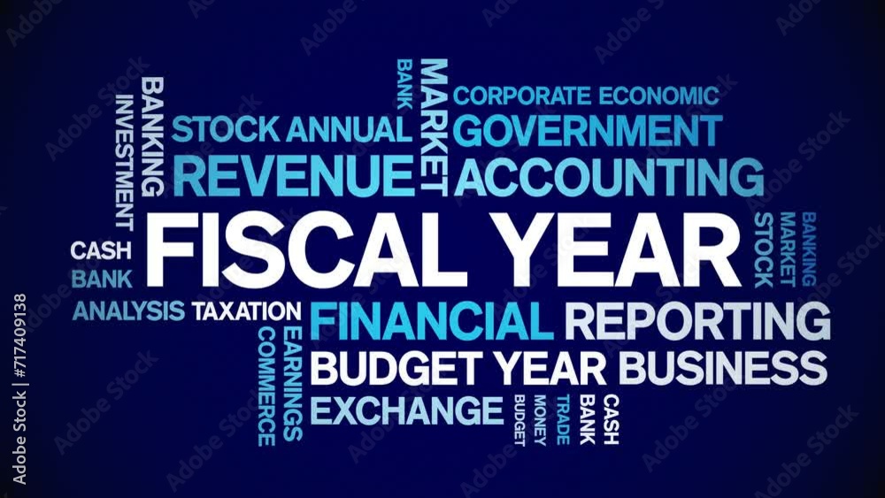 Fiscal Year animated tag word cloud;text design animation kinetic typography seamless loop.