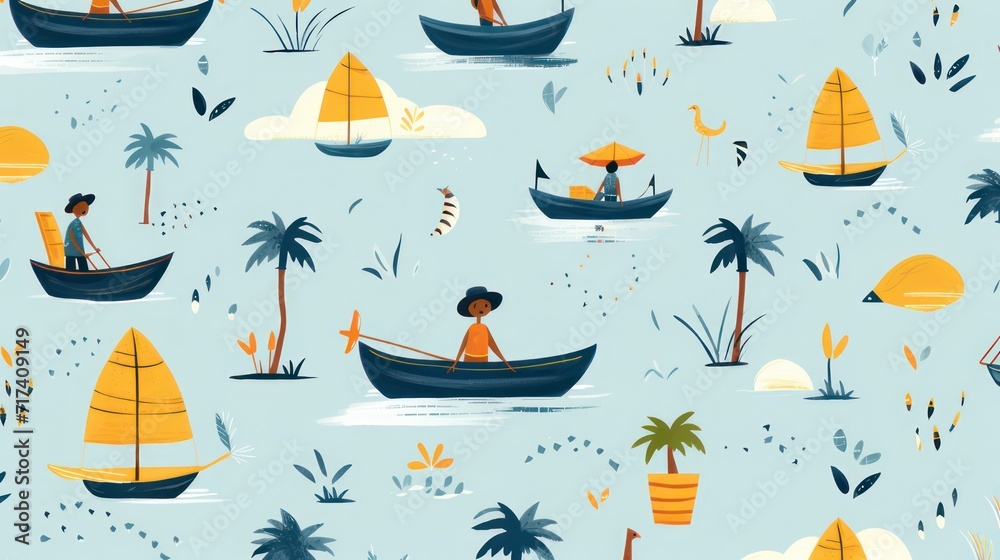 Illustration design of a palm tree boat, with a blue background and leaves. Illustration design of a palm tree boat, with a blue background and leaves.