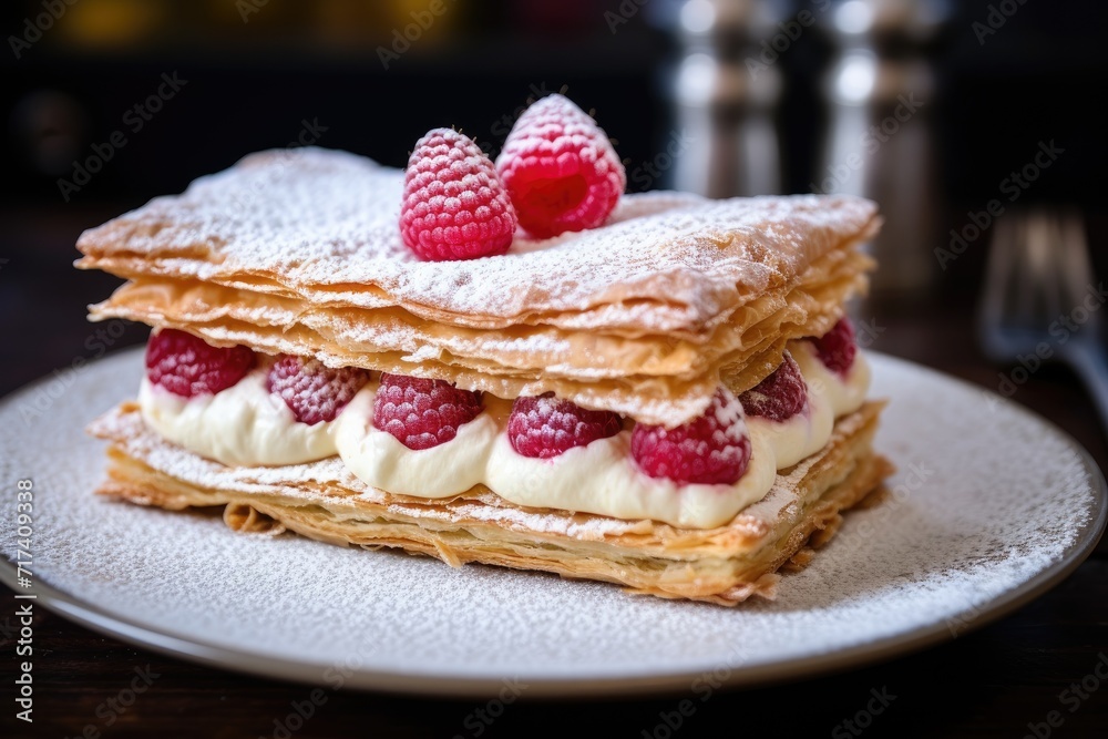 Mille-feuille with cream and berries on a dark background, elegantly dusted with powdered sugar. Mille-feuille with cream and berries on a dark background, elegantly dusted with powdered sugar.