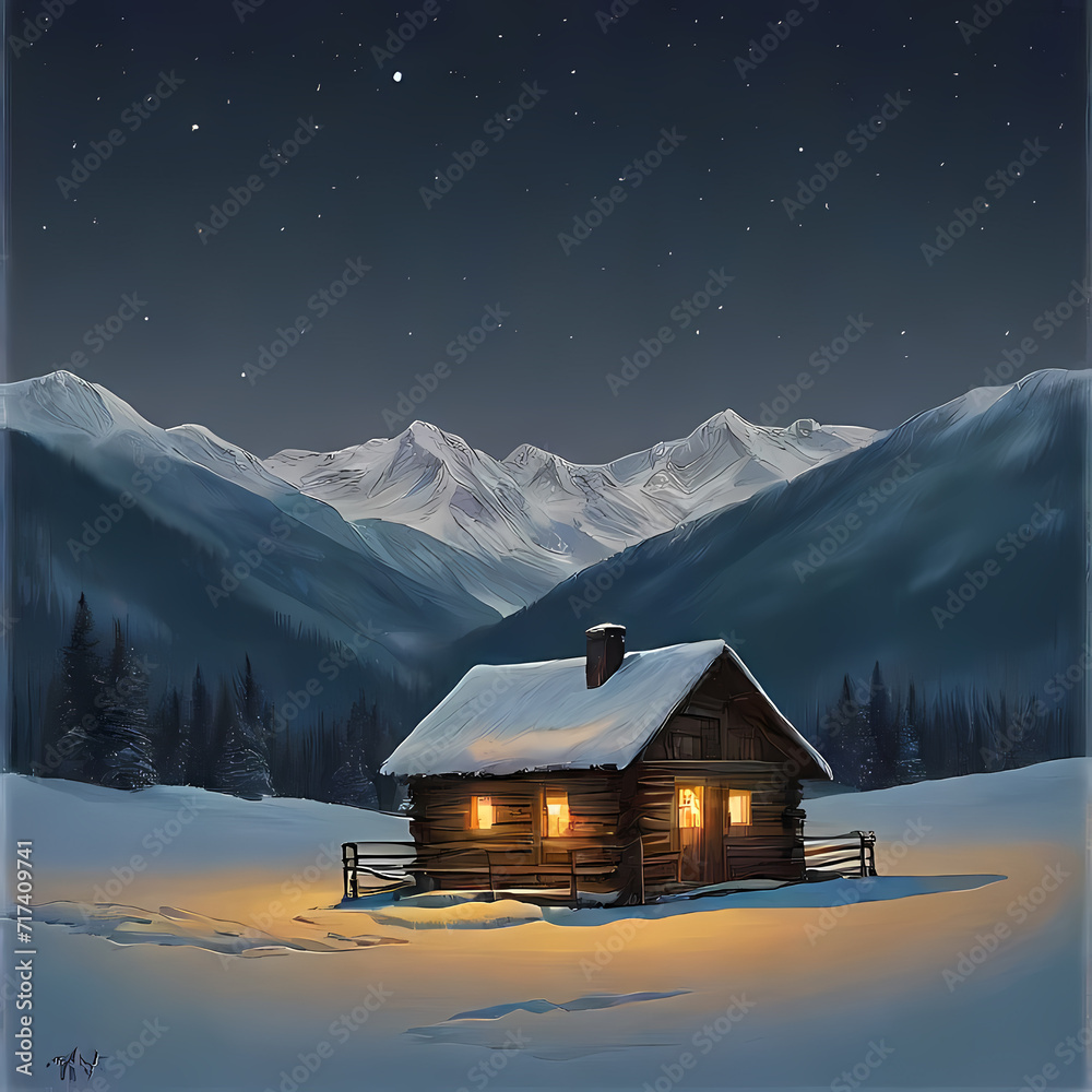 Cabin in the Snowy Mountains at Night