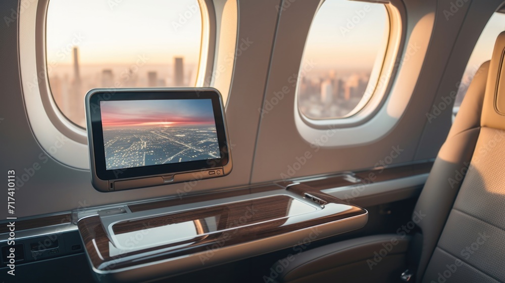 With the sleek city skyline in the background, this private jets inflight entertainment system boasts a sleek and modern design, delivering endless hours of entertainment during your journey.