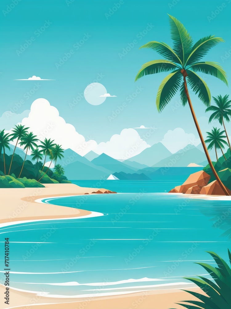 A serene depiction of a tropical coastline featuring turquoise waters and swaying palm trees by ai generated